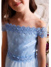 Off Shoulder Sky Blue Lace Tulle Corset Back Flower Girl Dress Off Shoulder Sky Blue Lace Tulle Corset Back Flower Girl Dress